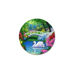 Swan Bird Spring Flowers Trees Lake Pond Landscape Original Aceo Painting Art Golf Ball Marker (4 Pack) by Amaryn4rt