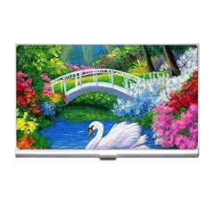 Swan Bird Spring Flowers Trees Lake Pond Landscape Original Aceo Painting Art Business Card Holders