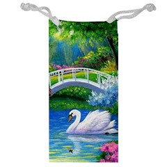 Swan Bird Spring Flowers Trees Lake Pond Landscape Original Aceo Painting Art Jewelry Bag by Amaryn4rt