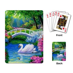 Swan Bird Spring Flowers Trees Lake Pond Landscape Original Aceo Painting Art Playing Card by Amaryn4rt