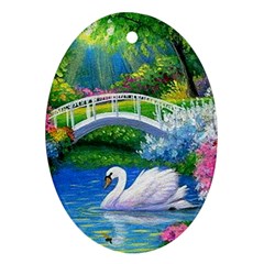 Swan Bird Spring Flowers Trees Lake Pond Landscape Original Aceo Painting Art Oval Ornament (two Sides) by Amaryn4rt