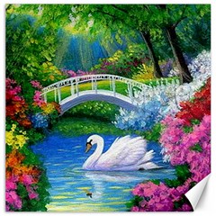 Swan Bird Spring Flowers Trees Lake Pond Landscape Original Aceo Painting Art Canvas 20  X 20   by Amaryn4rt