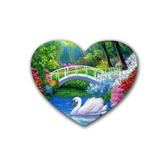 Swan Bird Spring Flowers Trees Lake Pond Landscape Original Aceo Painting Art Rubber Coaster (heart)  by Amaryn4rt