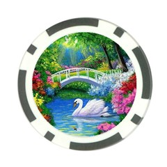 Swan Bird Spring Flowers Trees Lake Pond Landscape Original Aceo Painting Art Poker Chip Card Guard by Amaryn4rt