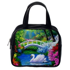 Swan Bird Spring Flowers Trees Lake Pond Landscape Original Aceo Painting Art Classic Handbags (one Side) by Amaryn4rt