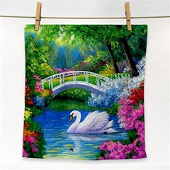 Swan Bird Spring Flowers Trees Lake Pond Landscape Original Aceo Painting Art Face Towel by Amaryn4rt