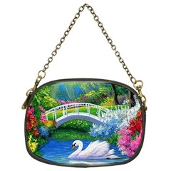 Swan Bird Spring Flowers Trees Lake Pond Landscape Original Aceo Painting Art Chain Purses (one Side)  by Amaryn4rt