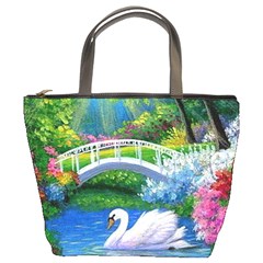 Swan Bird Spring Flowers Trees Lake Pond Landscape Original Aceo Painting Art Bucket Bags by Amaryn4rt