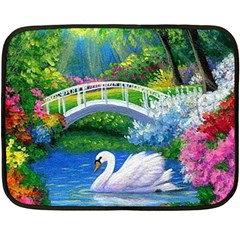 Swan Bird Spring Flowers Trees Lake Pond Landscape Original Aceo Painting Art Double Sided Fleece Blanket (mini)  by Amaryn4rt