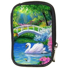 Swan Bird Spring Flowers Trees Lake Pond Landscape Original Aceo Painting Art Compact Camera Cases by Amaryn4rt