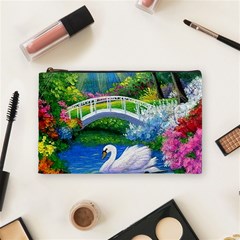 Swan Bird Spring Flowers Trees Lake Pond Landscape Original Aceo Painting Art Cosmetic Bag (medium)  by Amaryn4rt