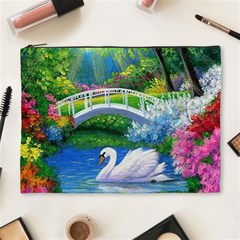 Swan Bird Spring Flowers Trees Lake Pond Landscape Original Aceo Painting Art Cosmetic Bag (xl) by Amaryn4rt