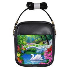 Swan Bird Spring Flowers Trees Lake Pond Landscape Original Aceo Painting Art Girls Sling Bags by Amaryn4rt