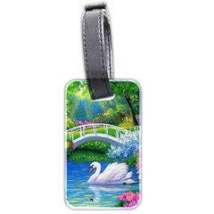 Swan Bird Spring Flowers Trees Lake Pond Landscape Original Aceo Painting Art Luggage Tags (two Sides) by Amaryn4rt