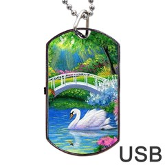 Swan Bird Spring Flowers Trees Lake Pond Landscape Original Aceo Painting Art Dog Tag Usb Flash (one Side) by Amaryn4rt