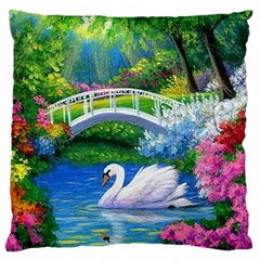 Swan Bird Spring Flowers Trees Lake Pond Landscape Original Aceo Painting Art Large Cushion Case (one Side) by Amaryn4rt