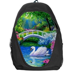 Swan Bird Spring Flowers Trees Lake Pond Landscape Original Aceo Painting Art Backpack Bag by Amaryn4rt