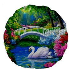 Swan Bird Spring Flowers Trees Lake Pond Landscape Original Aceo Painting Art Large 18  Premium Round Cushions by Amaryn4rt