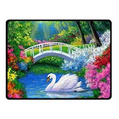 Swan Bird Spring Flowers Trees Lake Pond Landscape Original Aceo Painting Art Double Sided Fleece Blanket (small)  by Amaryn4rt