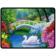 Swan Bird Spring Flowers Trees Lake Pond Landscape Original Aceo Painting Art Double Sided Fleece Blanket (large)  by Amaryn4rt