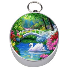 Swan Bird Spring Flowers Trees Lake Pond Landscape Original Aceo Painting Art Silver Compasses by Amaryn4rt