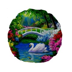 Swan Bird Spring Flowers Trees Lake Pond Landscape Original Aceo Painting Art Standard 15  Premium Flano Round Cushions by Amaryn4rt