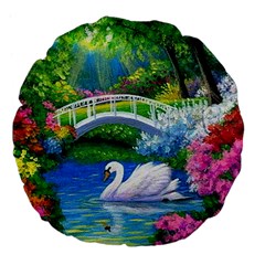 Swan Bird Spring Flowers Trees Lake Pond Landscape Original Aceo Painting Art Large 18  Premium Flano Round Cushions by Amaryn4rt