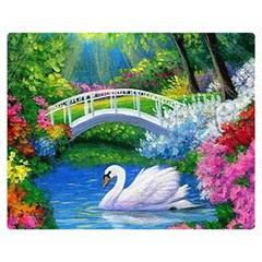 Swan Bird Spring Flowers Trees Lake Pond Landscape Original Aceo Painting Art Double Sided Flano Blanket (medium)  by Amaryn4rt