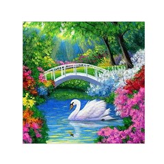 Swan Bird Spring Flowers Trees Lake Pond Landscape Original Aceo Painting Art Small Satin Scarf (square) by Amaryn4rt