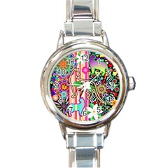 Mandalas, Cats And Flowers Fantasy Digital Patchwork Round Italian Charm Watch