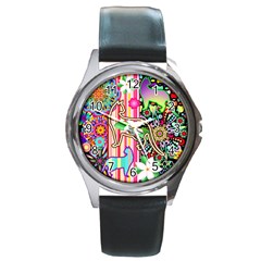 Mandalas, Cats And Flowers Fantasy Digital Patchwork Round Metal Watch by BluedarkArt