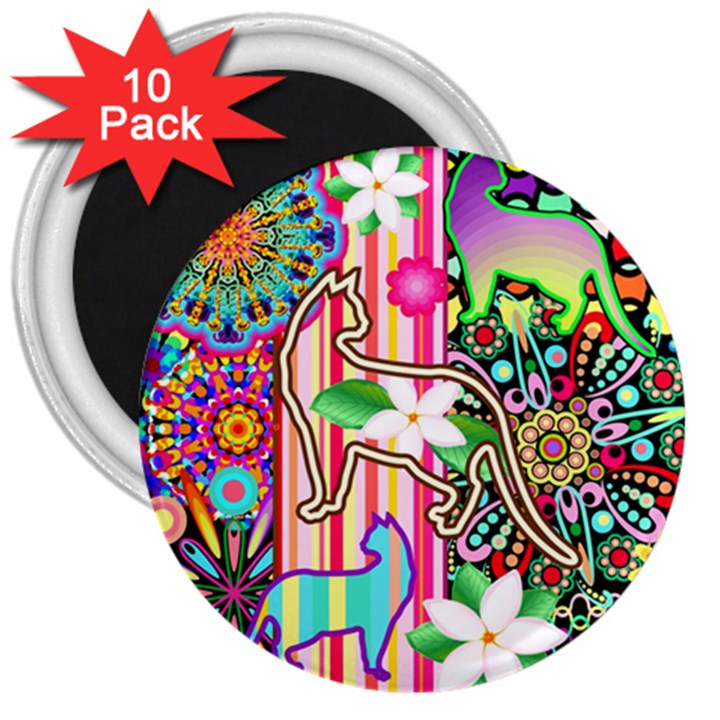 Mandalas, Cats and Flowers Fantasy Digital Patchwork 3  Magnets (10 pack) 