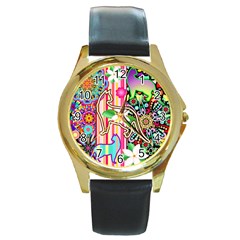 Mandalas, Cats And Flowers Fantasy Digital Patchwork Round Gold Metal Watch by BluedarkArt