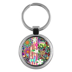 Mandalas, Cats And Flowers Fantasy Digital Patchwork Key Chains (round)  by BluedarkArt