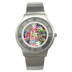 Mandalas, Cats And Flowers Fantasy Digital Patchwork Stainless Steel Watch by BluedarkArt