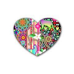 Mandalas, Cats And Flowers Fantasy Digital Patchwork Rubber Coaster (heart)  by BluedarkArt