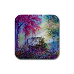 Bench In Spring Forest Rubber Square Coaster (4 Pack)  by Amaryn4rt