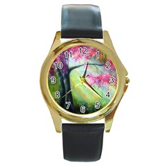 Forests Stunning Glimmer Paintings Sunlight Blooms Plants Love Seasons Traditional Art Flowers Sunsh Round Gold Metal Watch