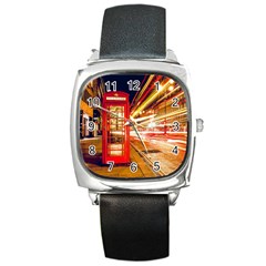 Telephone Box London Night Square Metal Watch