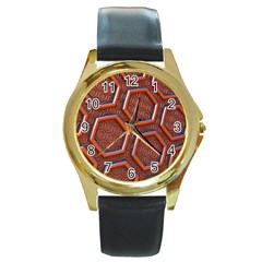 3d Abstract Patterns Hexagons Honeycomb Round Gold Metal Watch