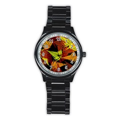 3d Red Abstract Fern Leaf Pattern Stainless Steel Round Watch