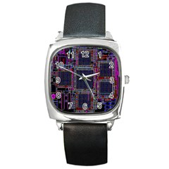 Technology Circuit Board Layout Pattern Square Metal Watch by Amaryn4rt