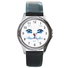 Cute White Cat Blue Eyes Face Round Metal Watch by Amaryn4rt