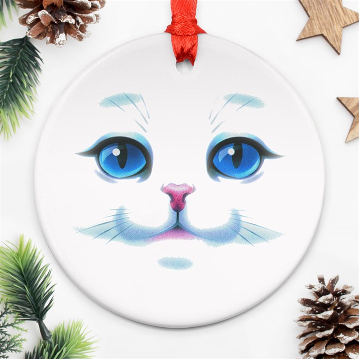 Cute White Cat Blue Eyes Face Ornament (Round)