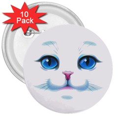 Cute White Cat Blue Eyes Face 3  Buttons (10 Pack) 