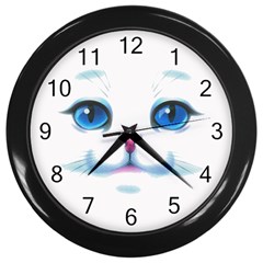 Cute White Cat Blue Eyes Face Wall Clocks (black) by Amaryn4rt