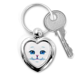 Cute White Cat Blue Eyes Face Key Chains (heart)  by Amaryn4rt