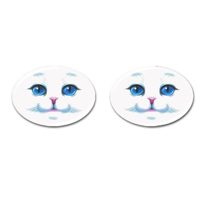 Cute White Cat Blue Eyes Face Cufflinks (Oval)