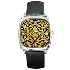 Flower Pattern In Traditional Thai Style Art Painting On Window Of The Temple Square Metal Watch by Amaryn4rt