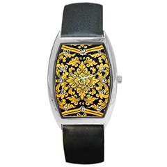 Flower Pattern In Traditional Thai Style Art Painting On Window Of The Temple Barrel Style Metal Watch by Amaryn4rt